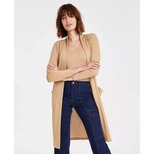 Anne Klein Women's Open-Front Rib-Knit Duster Cardigan, Light Vicuna, M